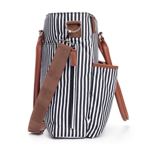 Designer Baby Diaper Bag In Classic Black And White With Matching Changing Pad, Pacifier Pod, And Two Pacifier Clips