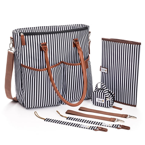 Designer Baby Diaper Bag In Classic Black And White With Matching Changing Pad, Pacifier Pod, And Two Pacifier Clips