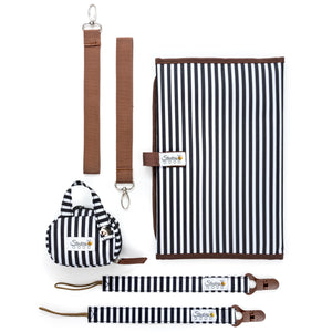 Designer Baby Diaper Bag In Classic Black And White With Matching Changing Pad, Pacifier Pod, And Two Pacifier Clips