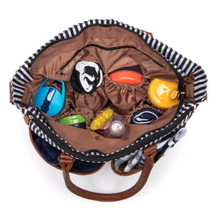 Designer Baby Diaper Bag In Classic Black And White With Matching Changing Pad, Pacifier Pod, And Two Pacifier Clips