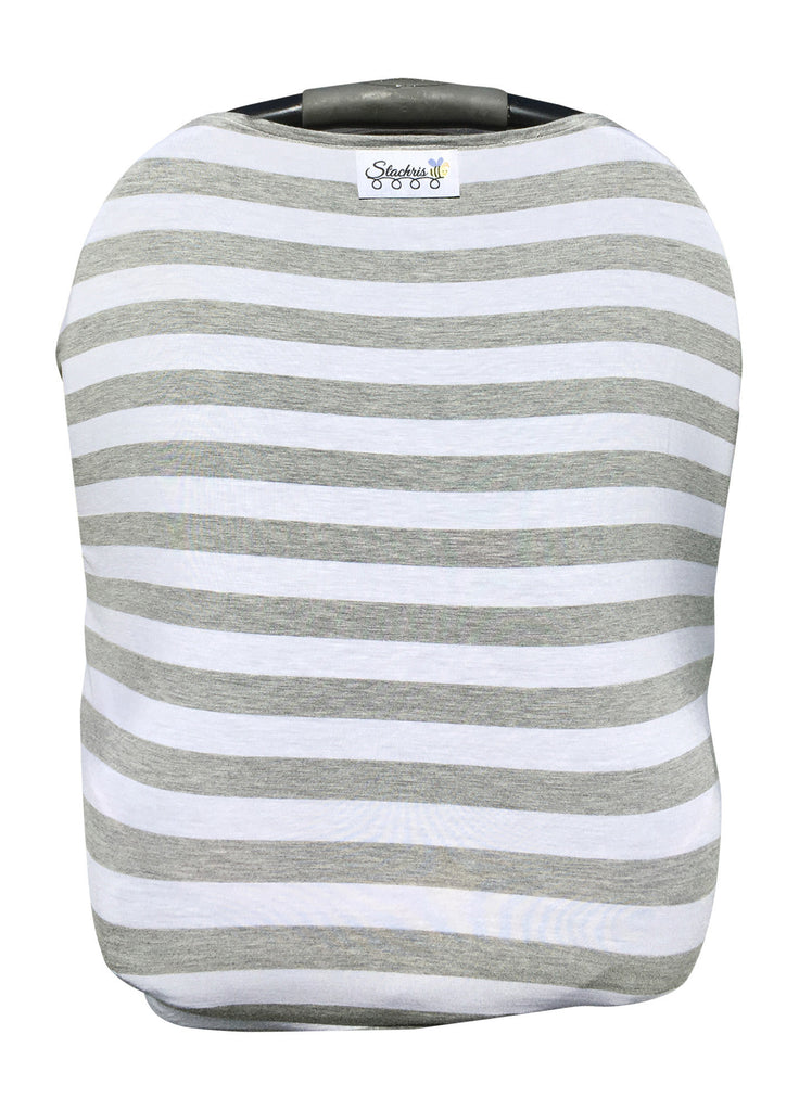 Gray Stripe Car Seat Cover With Four Bandana Bibs and Four Pacifier Clips