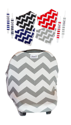 Gray Chevron Car Seat Cover With Four Bandana Bibs and Four Pacifier Clips