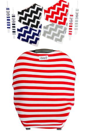 Red Stripe Car Seat Cover With Four Bandana Bibs and Four Pacifier Clips