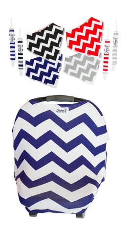 Blue Chevron Car Seat Cover With Four Bandana Bibs and Four Pacifier Clips