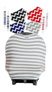 Gray Stripe Car Seat Cover With Four Bandana Bibs and Four Pacifier Clips